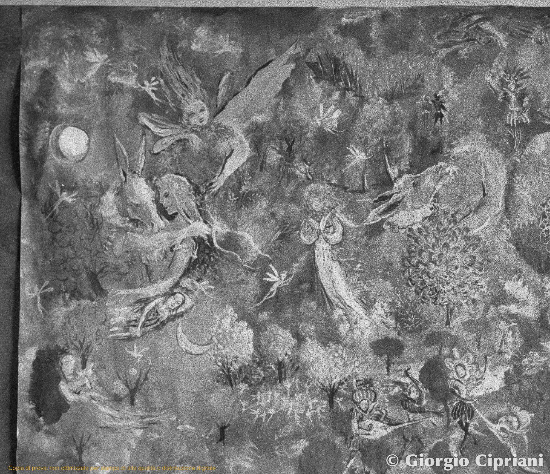 Un affresco fantasy che mostra figure umane e creature magiche in un paesaggio incantato, con dettagli di fiori, alberi e un cielo notturno.
