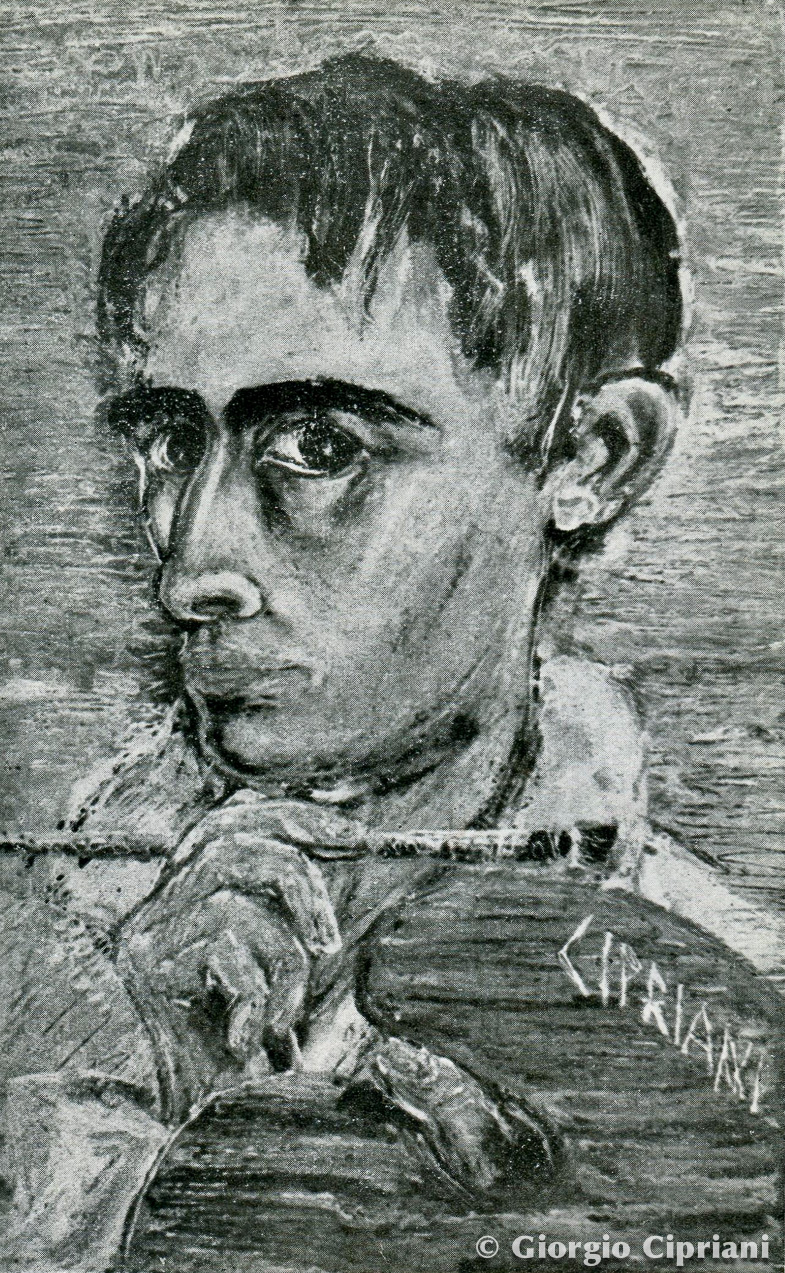 Autoritratto di un giovane con sguardo intenso, rappresentato in toni di grigio e nero, con dettagli di mani e strumento pittorico visibili.