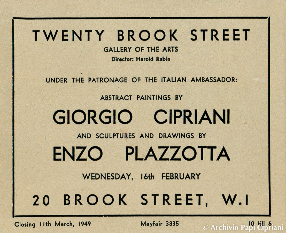 Cartolina per un evento artistico alla Twenty Brook Street, presentante opere astratte di Giorgio Cipriani e sculture e disegni di Enzo Plazzotta, sotto il patrocinio dell'ambasciatore italiano.