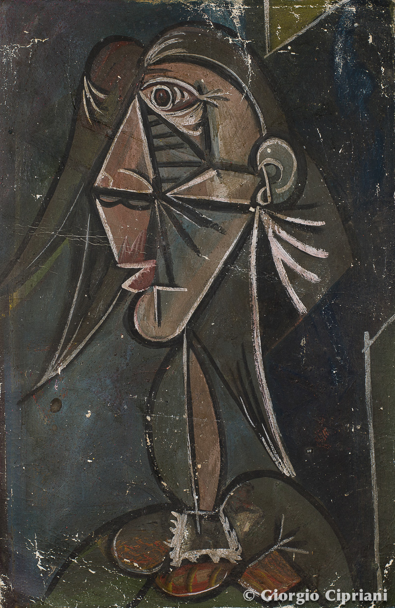 Ritratto astratto di un volto con forme geometriche e colori vivaci, su sfondo scuro.