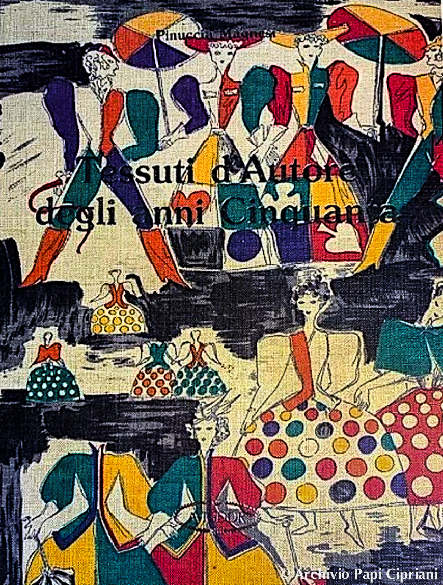Disegno artistico di tessuti degli anni Cinquanta, raffigurante figure stilizzate in abiti colorati e a pois, con ombrelli.