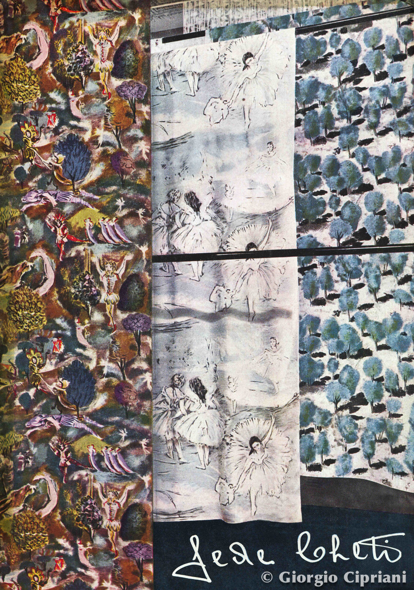 Immagine che mostra un collage di tessuti con motivi colorati, inclusi ballerine e paesaggi stilizzati.